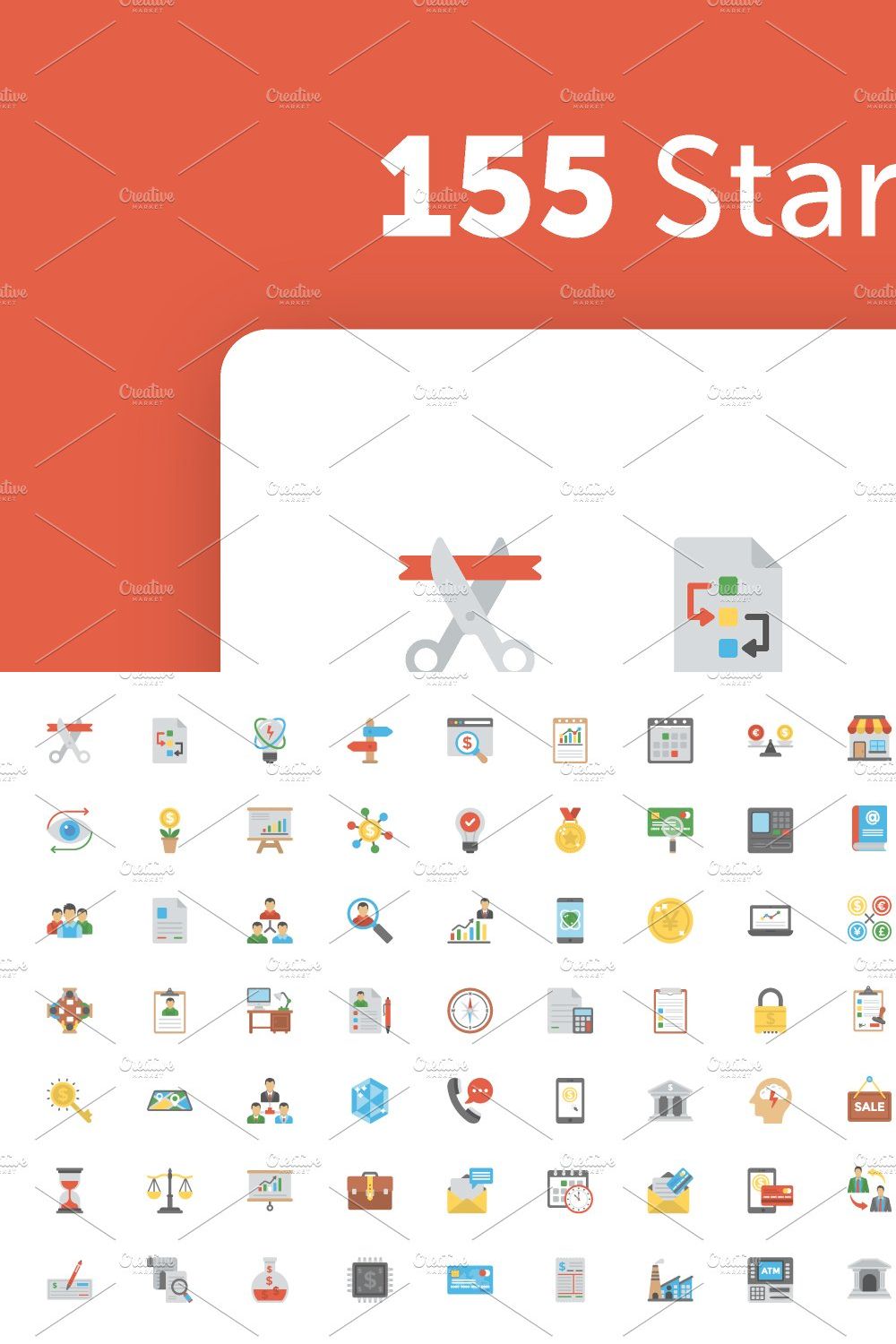 155 Startup and Business Flat Icons pinterest preview image.