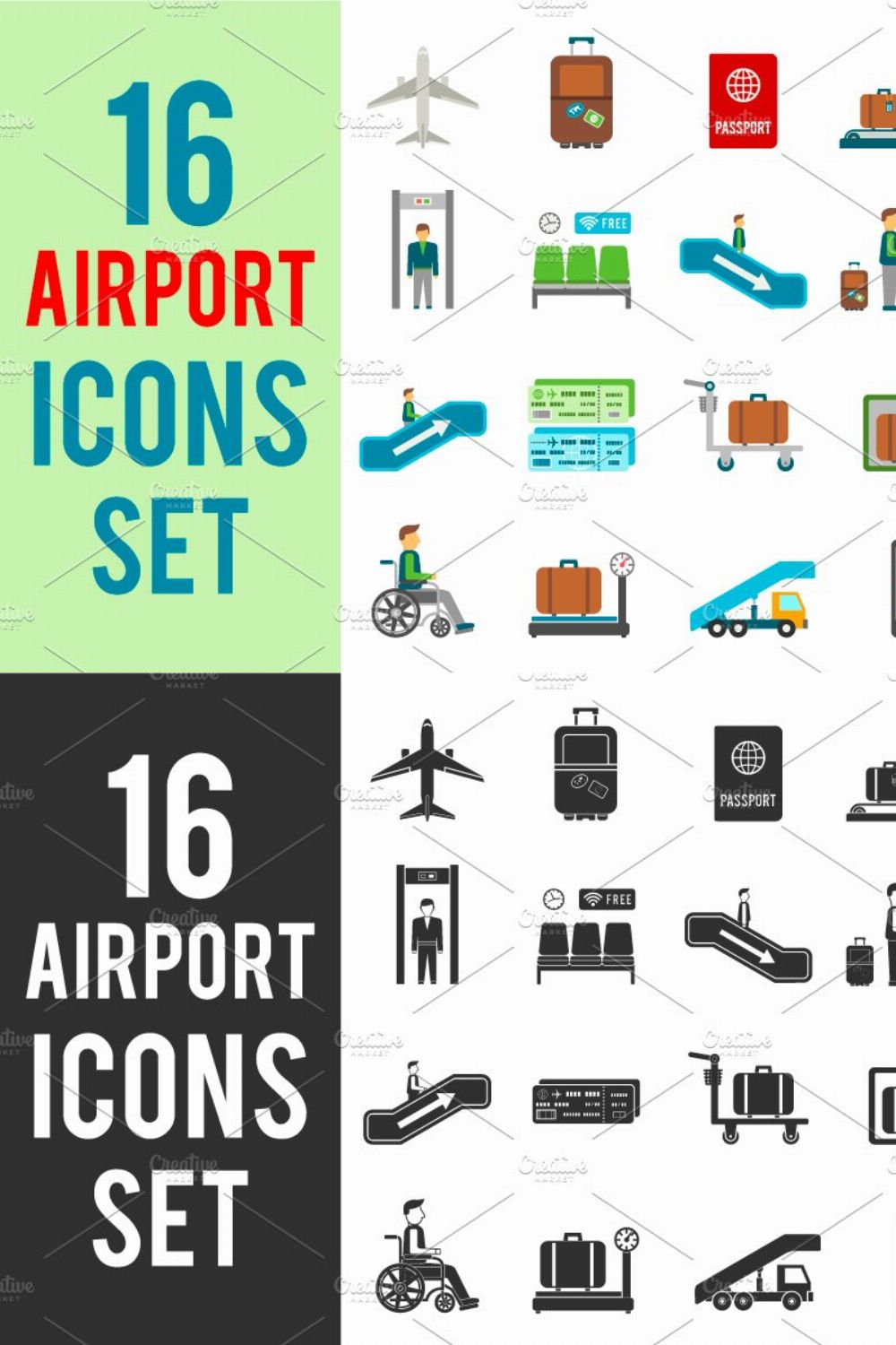 16 Airport Travel Icons Set pinterest preview image.