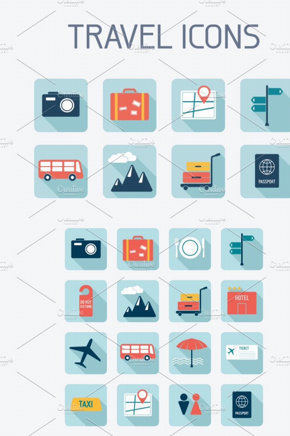 16 Flat Travel Icons pinterest preview image.