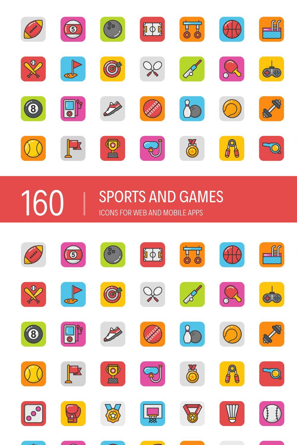 160 Sports and Games Icons pinterest preview image.