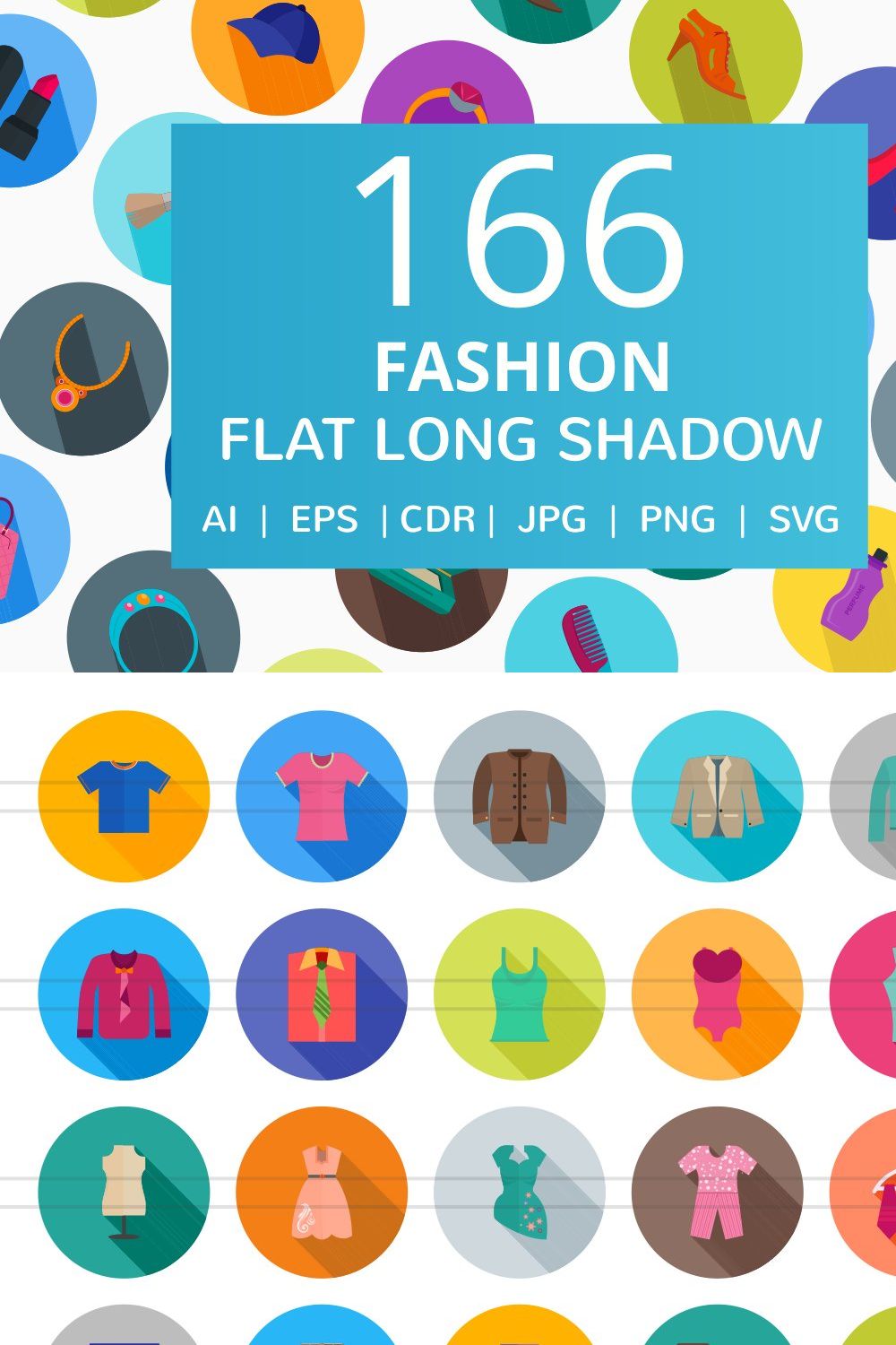 166 Fashion Flat Long Shadow Icons pinterest preview image.
