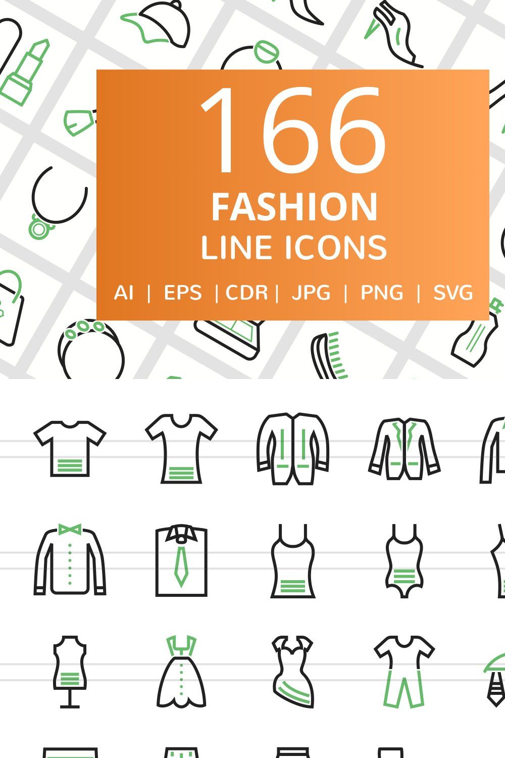 166 Fashion Line Icons pinterest preview image.