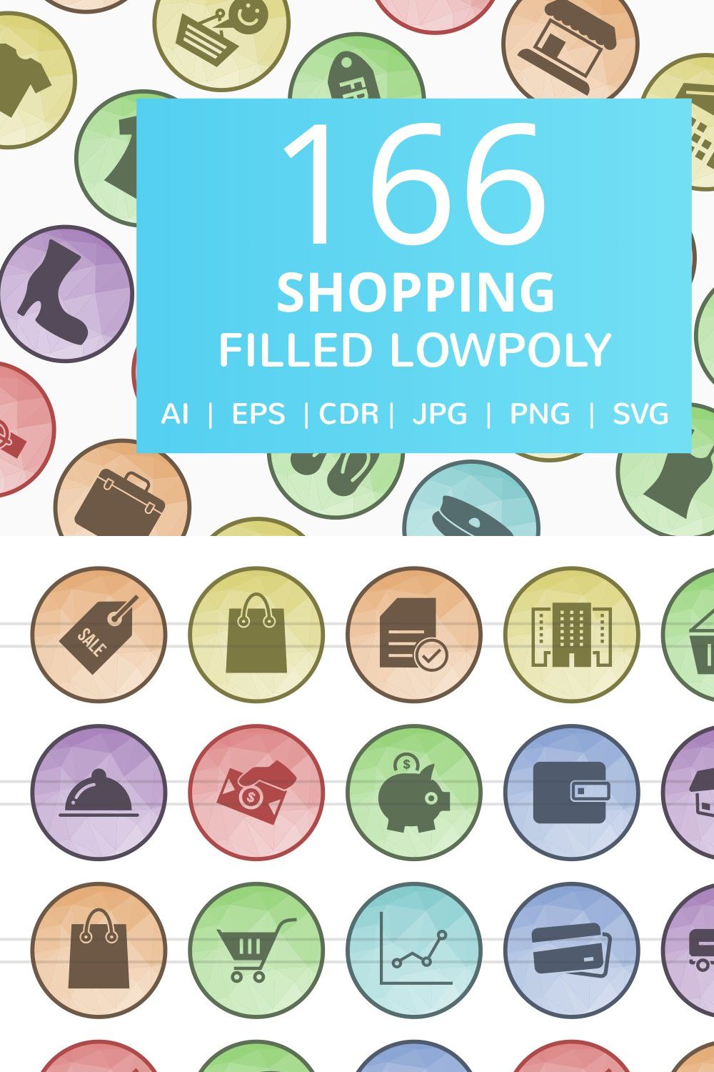 166 Shopping Filled Low Poly Icons pinterest preview image.