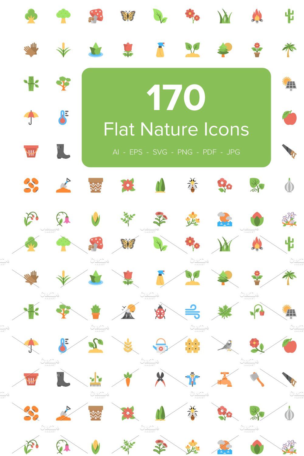 170 Flat Nature Icons pinterest preview image.