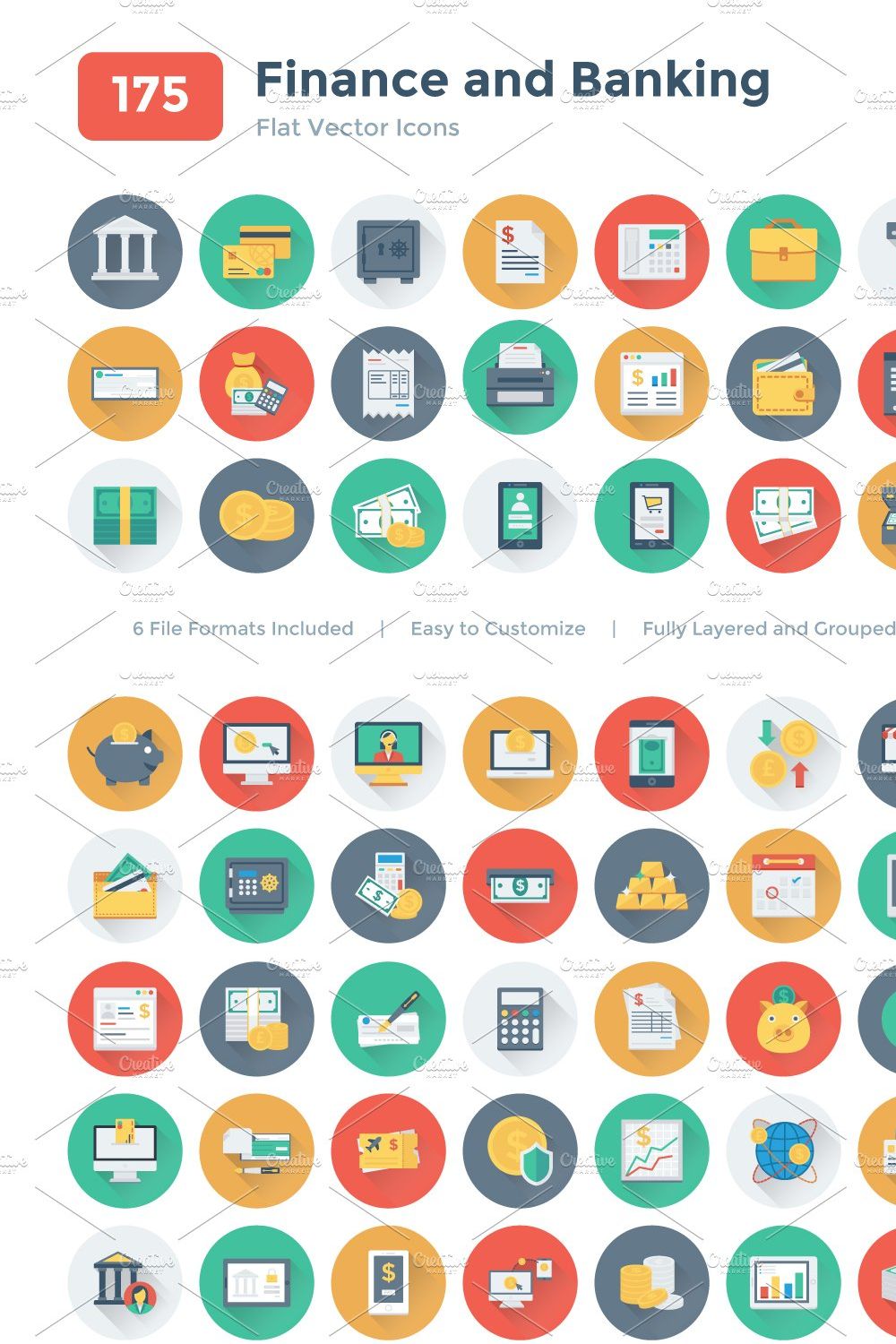 175 Flat Finance and Banking Icons pinterest preview image.