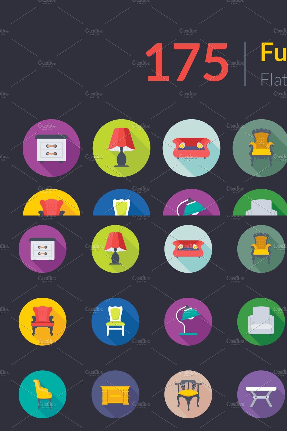 175 Flat Rounded Furniture Icons pinterest preview image.