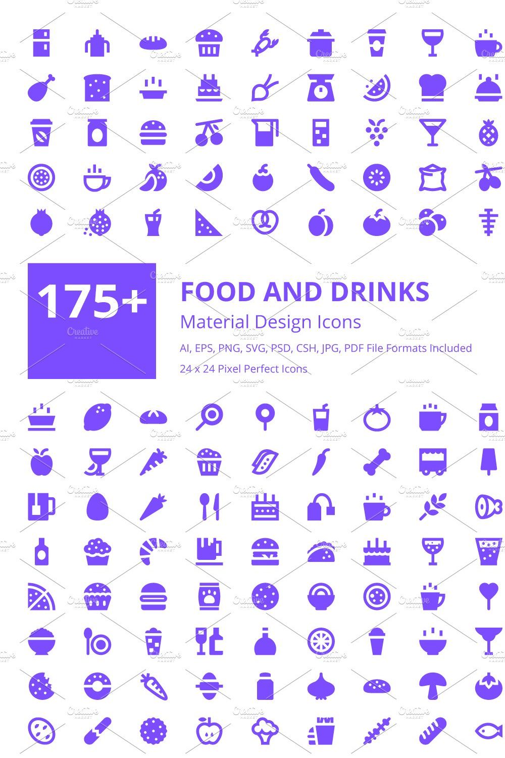 175+ Food and Drinks Material Icons pinterest preview image.