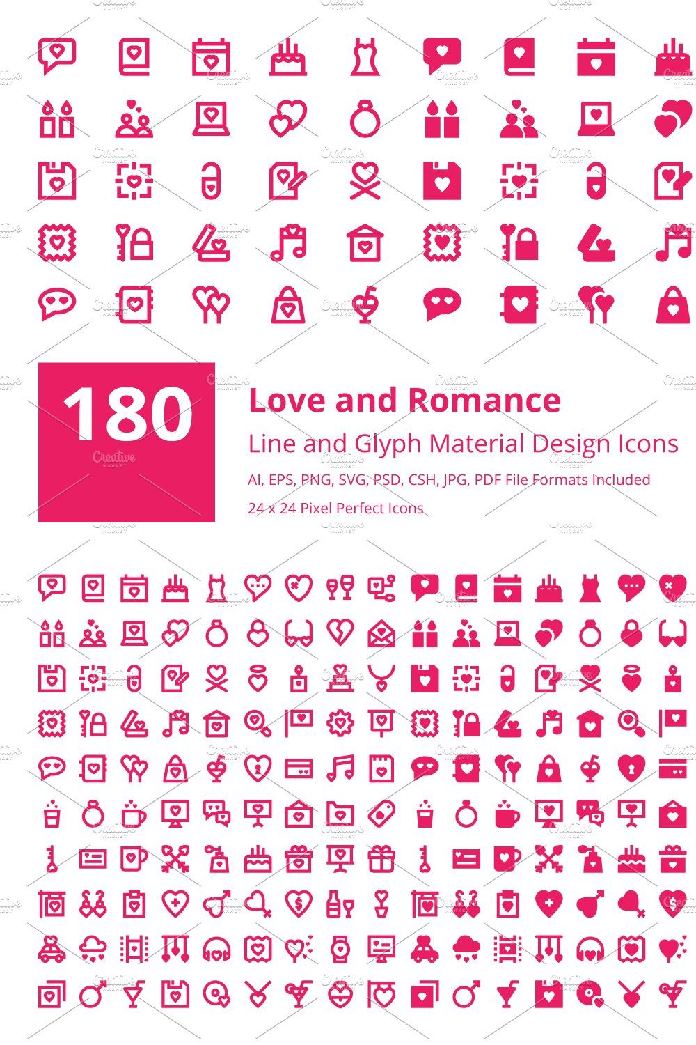180 Love and Romance Material Icons pinterest preview image.