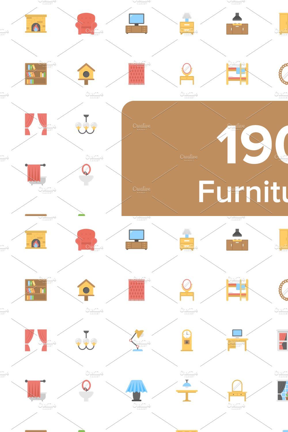 190 Furniture Flat Icons pinterest preview image.