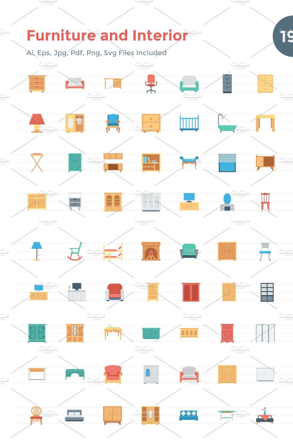 196 Flat Furniture and Interior Icon pinterest preview image.