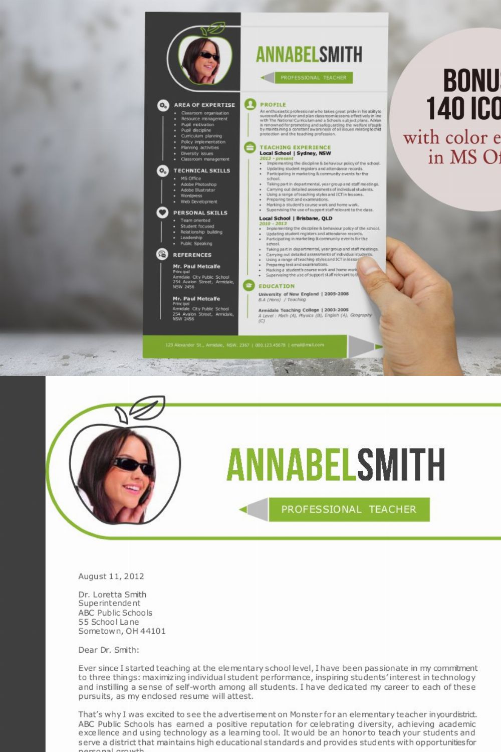 2 in 1 modern teacher Word resume pinterest preview image.