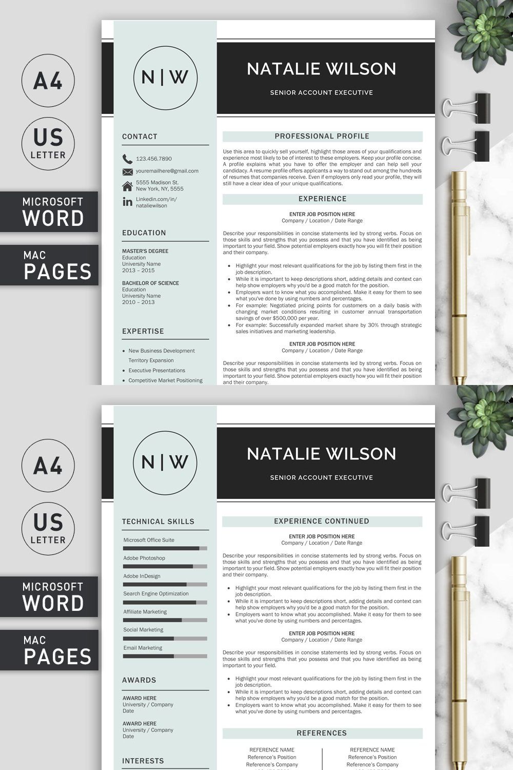 2 Page Resume Template | CV Template pinterest preview image.