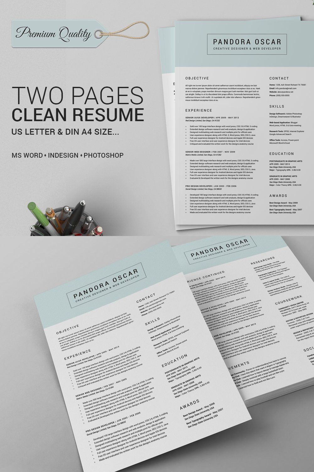 2 Pages Clean Resume CV - Pandora pinterest preview image.