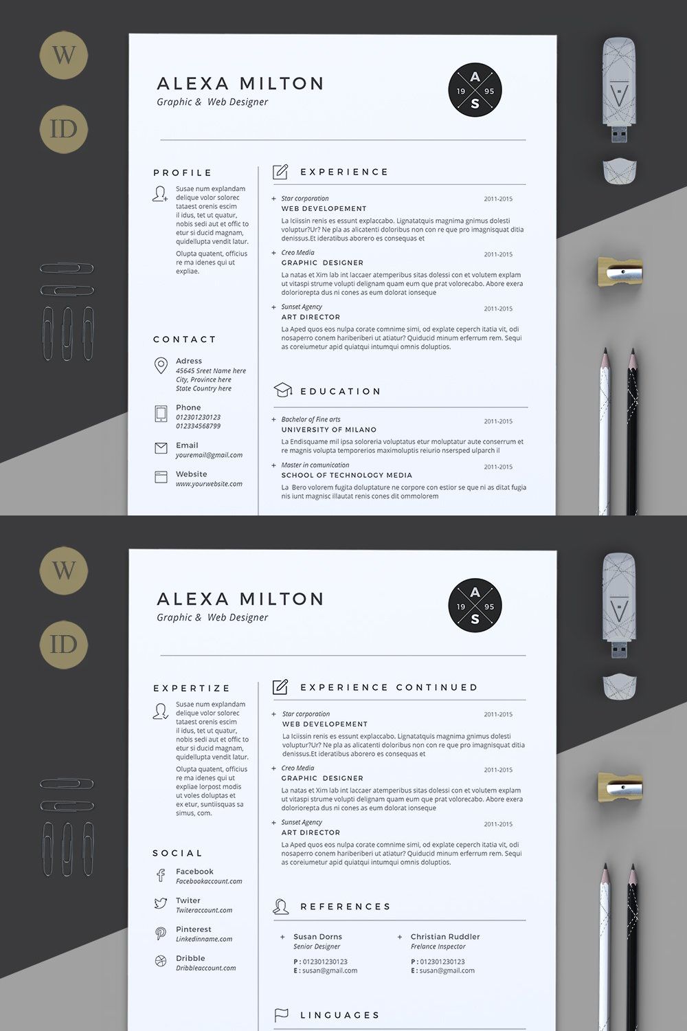 2 Pages Resume pinterest preview image.