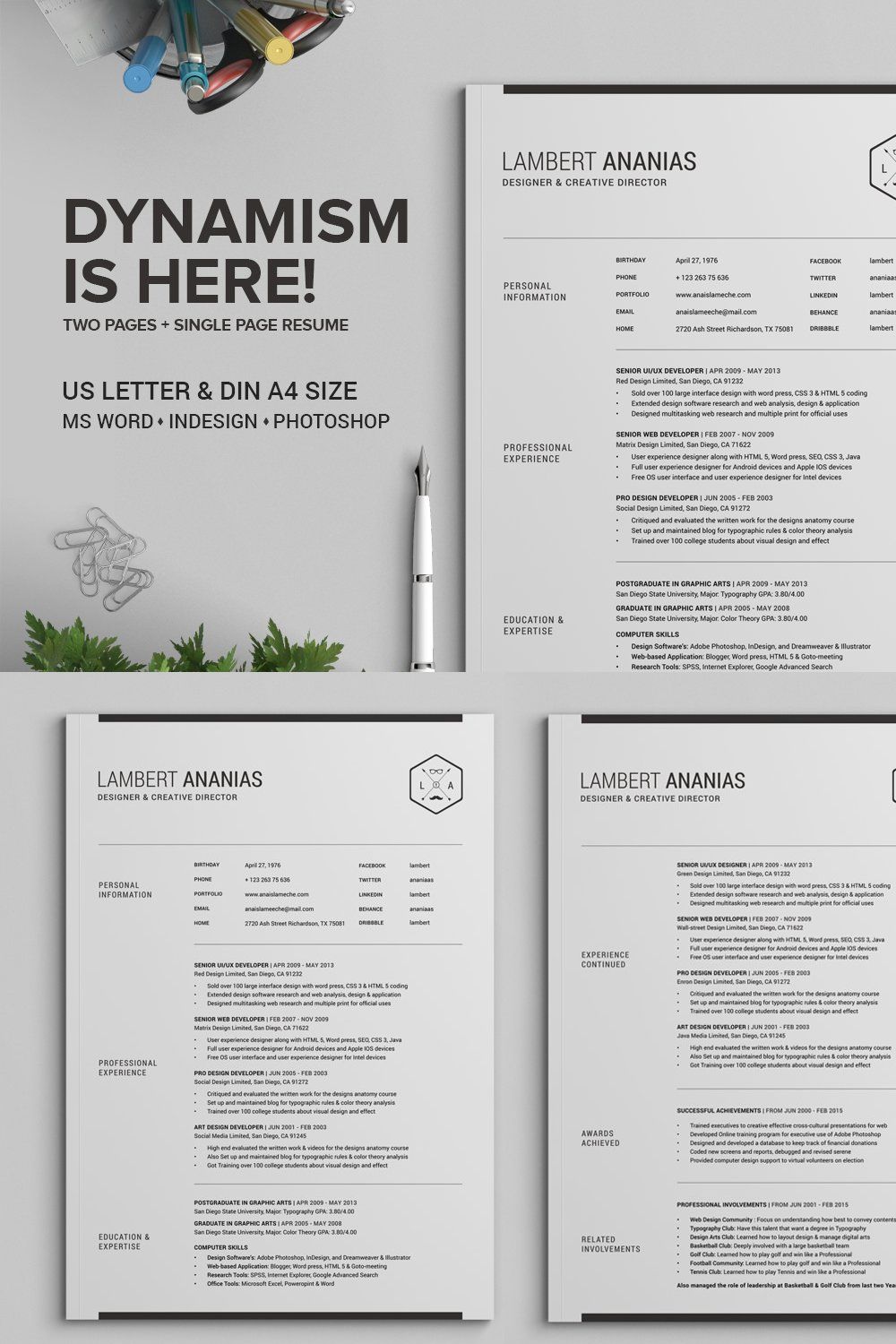 2 Pages Resume CV Pack - Lambert pinterest preview image.