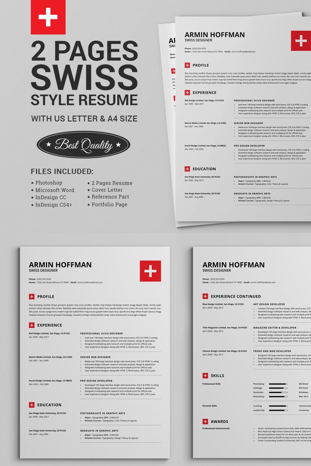 2 Pages Swiss Resume | Extended Pack pinterest preview image.