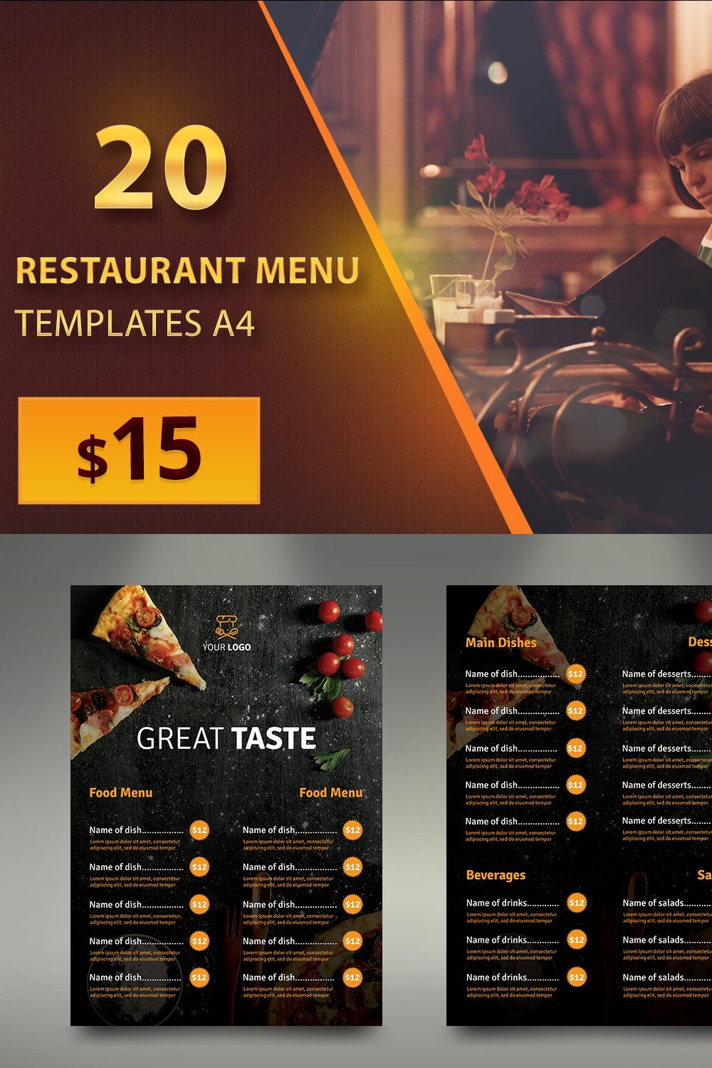 20 Restaurant Menu Templates A4 pinterest preview image.