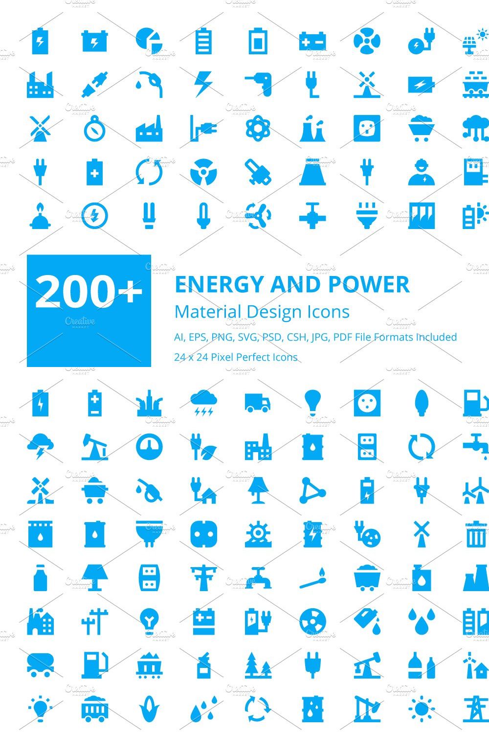 200+ Energy and Power Material Icons pinterest preview image.