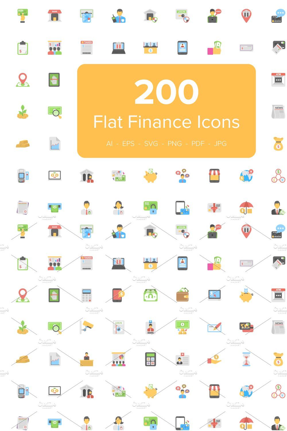 200 Flat Finance Icons pinterest preview image.