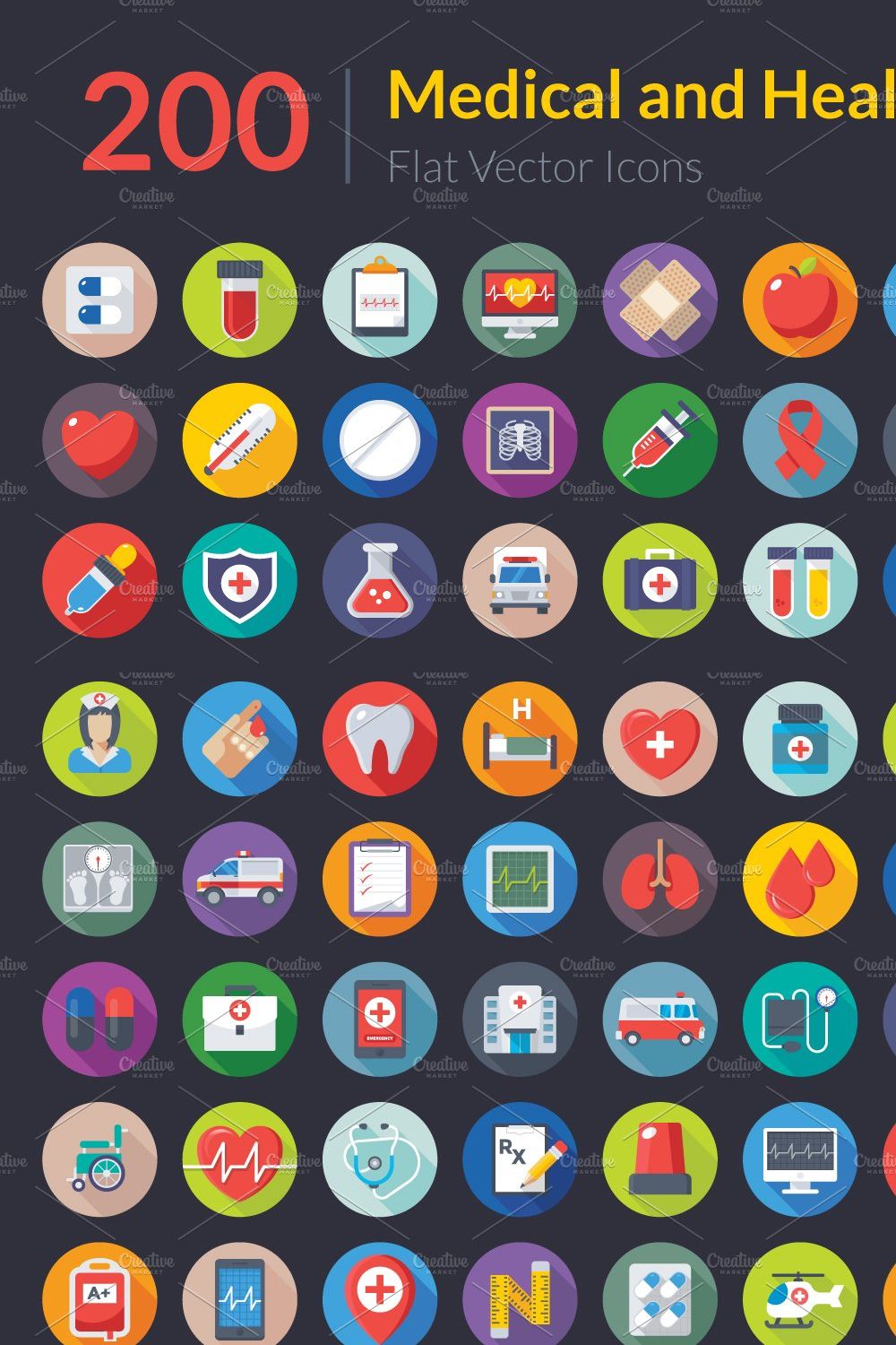 200 Flat Medical and Health Icons pinterest preview image.