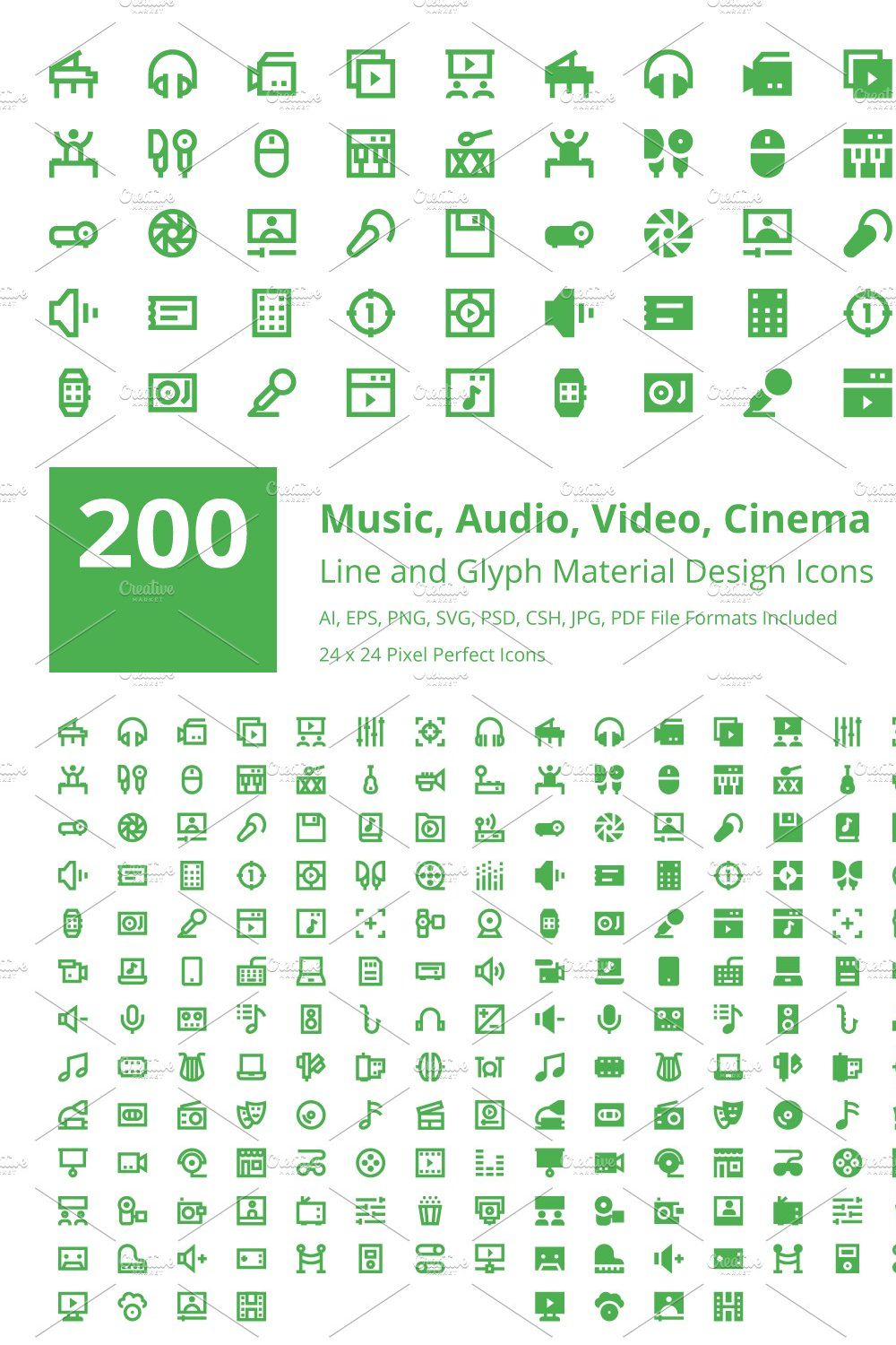 200 Multimedia Material Design Icons pinterest preview image.