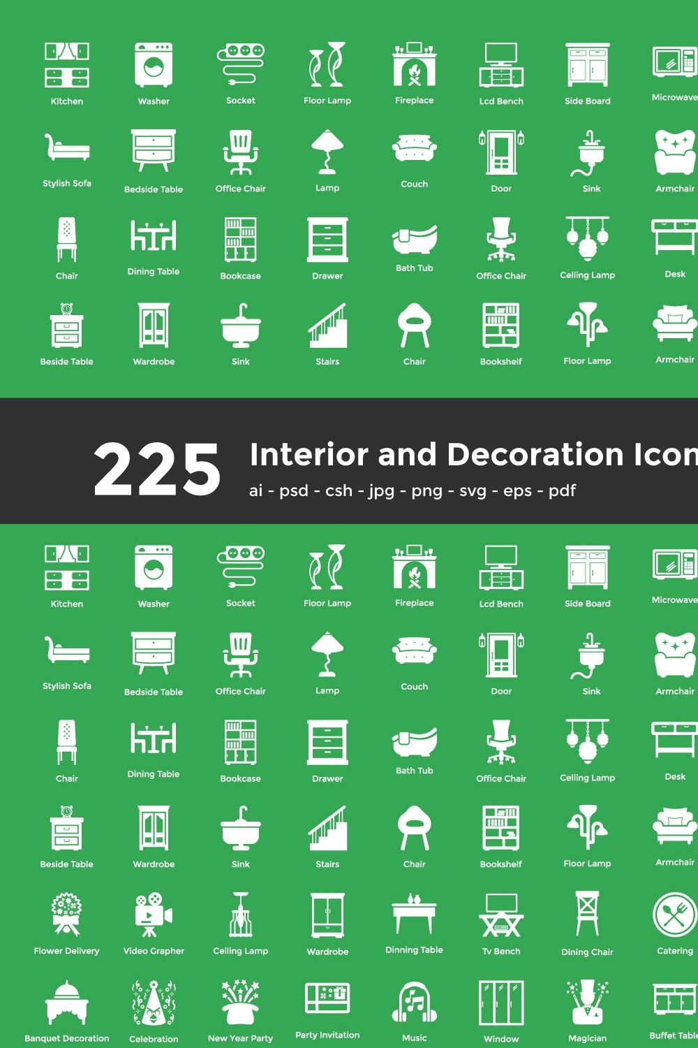 225 Interior and Decoration Icons pinterest preview image.