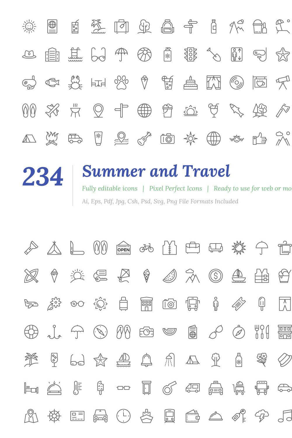 234 Summer and Travel Outine Icons pinterest preview image.