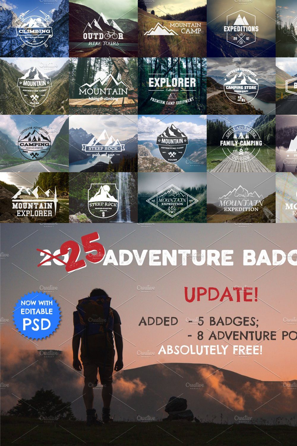 25 Adventure Badges / Travel Logos pinterest preview image.