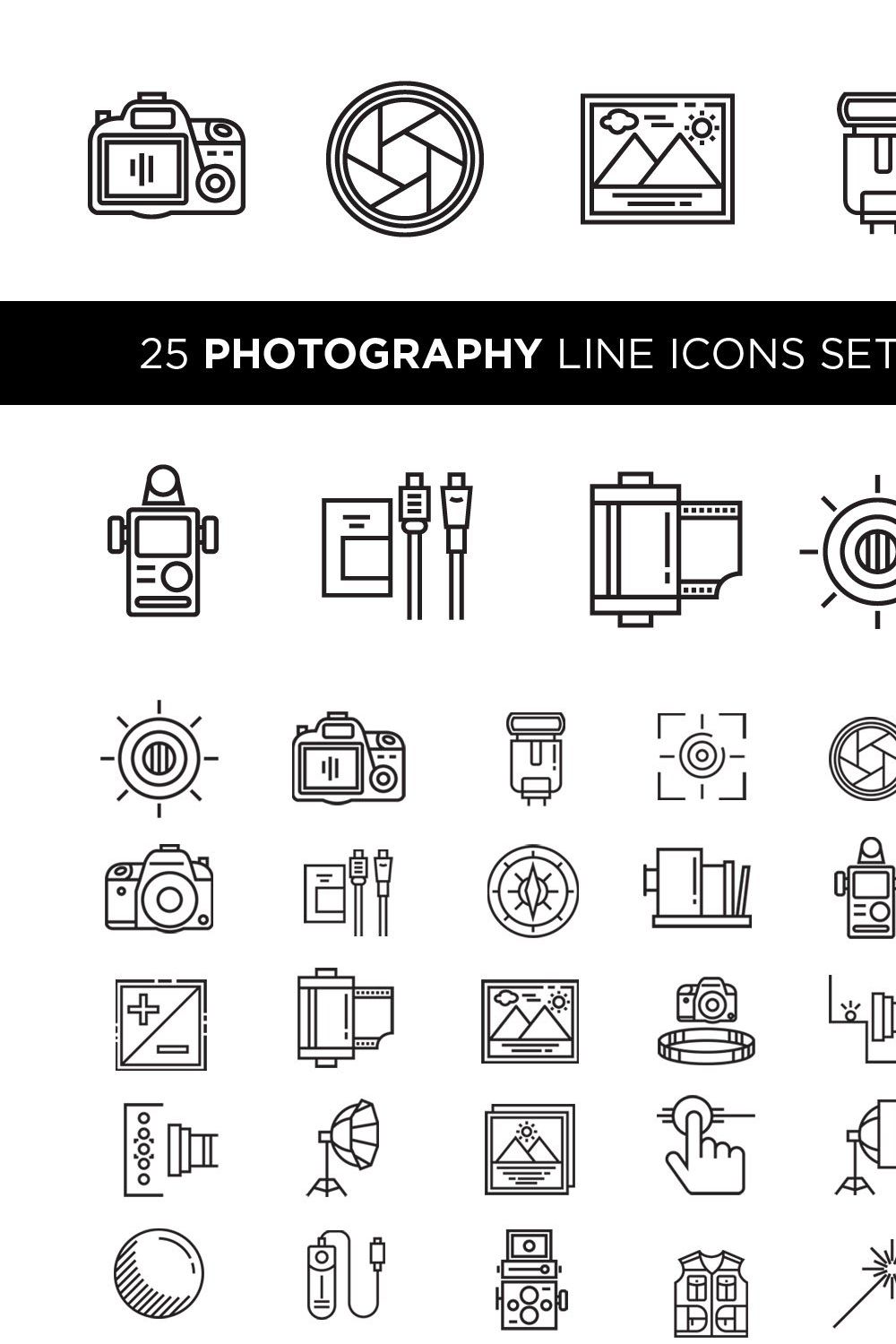 25 Photography Line Icons Set pinterest preview image.