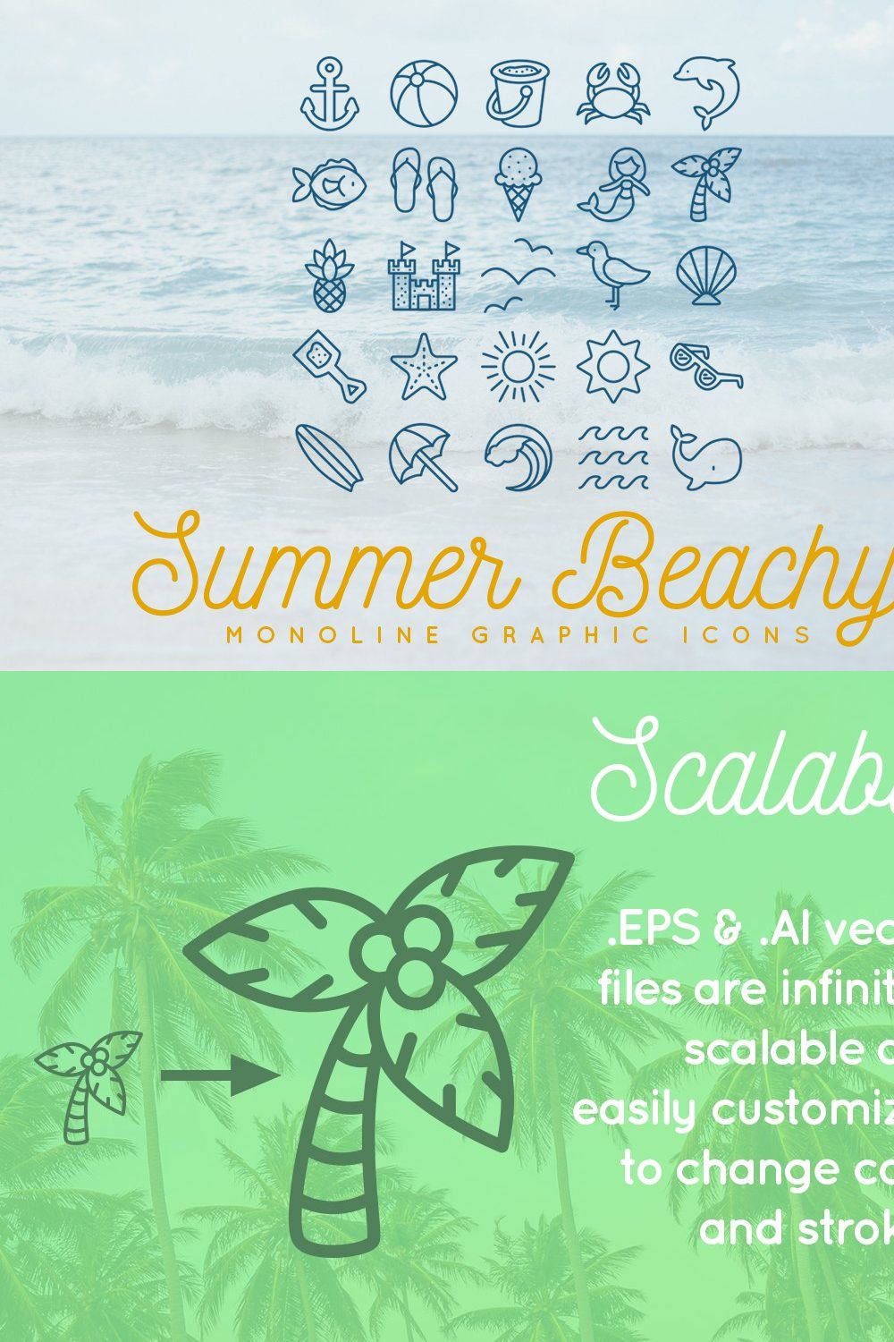 25 Summer Beach Monoline Icons pinterest preview image.