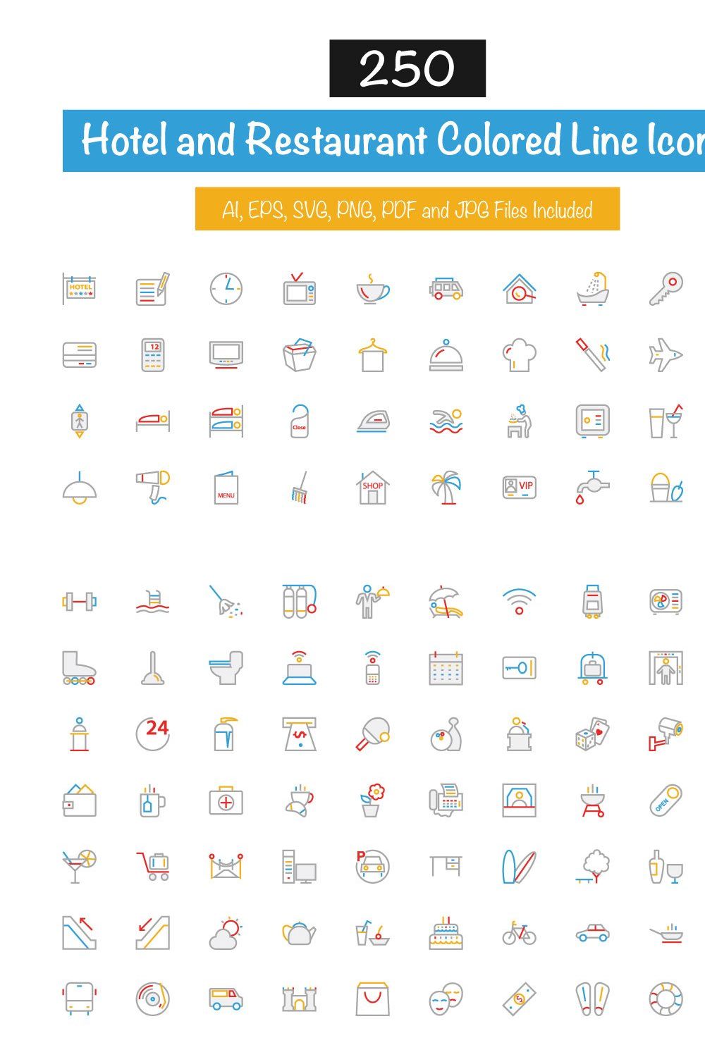 250 Hotel Colored Line Icons pinterest preview image.