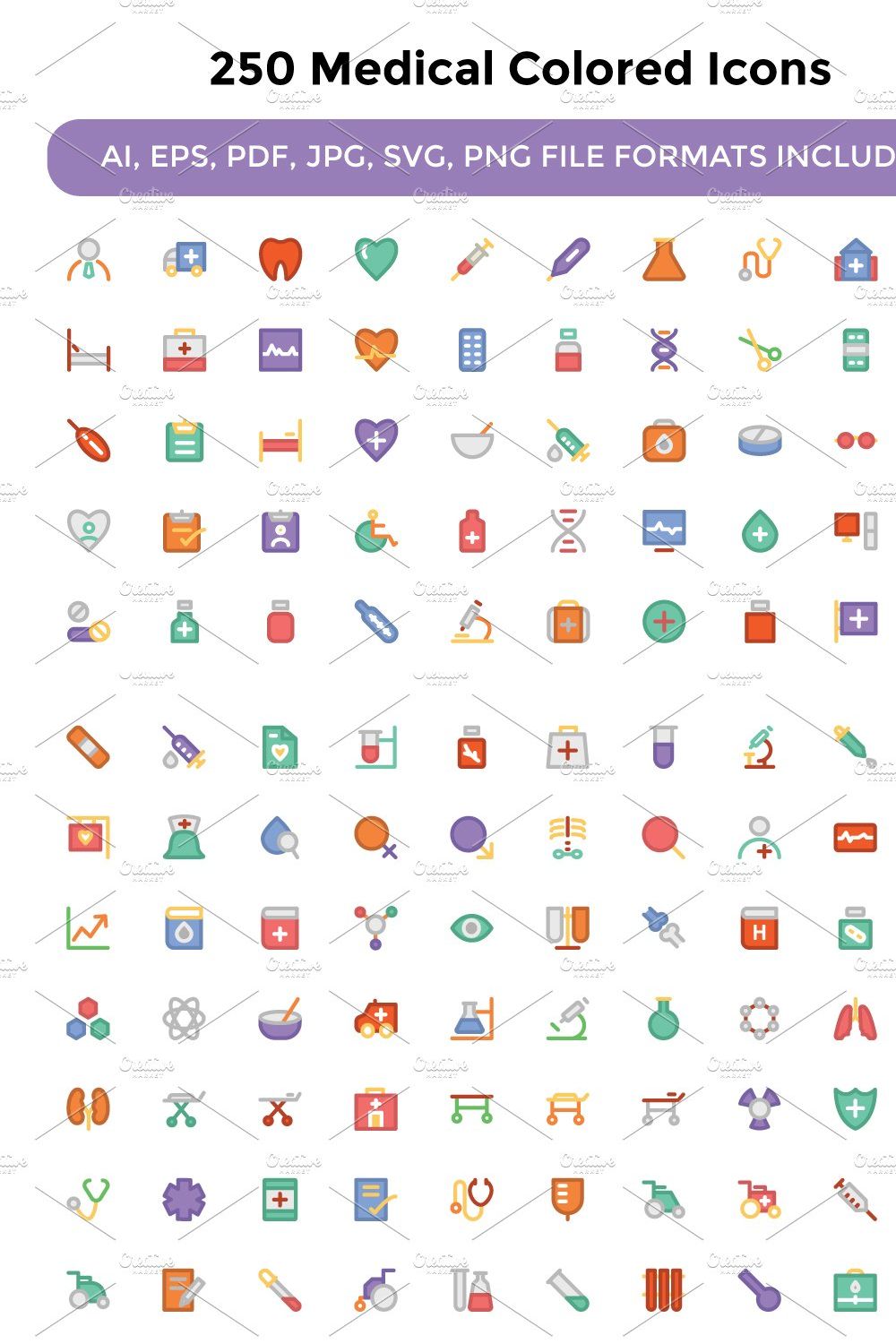 250 Medical Colored Icons pinterest preview image.