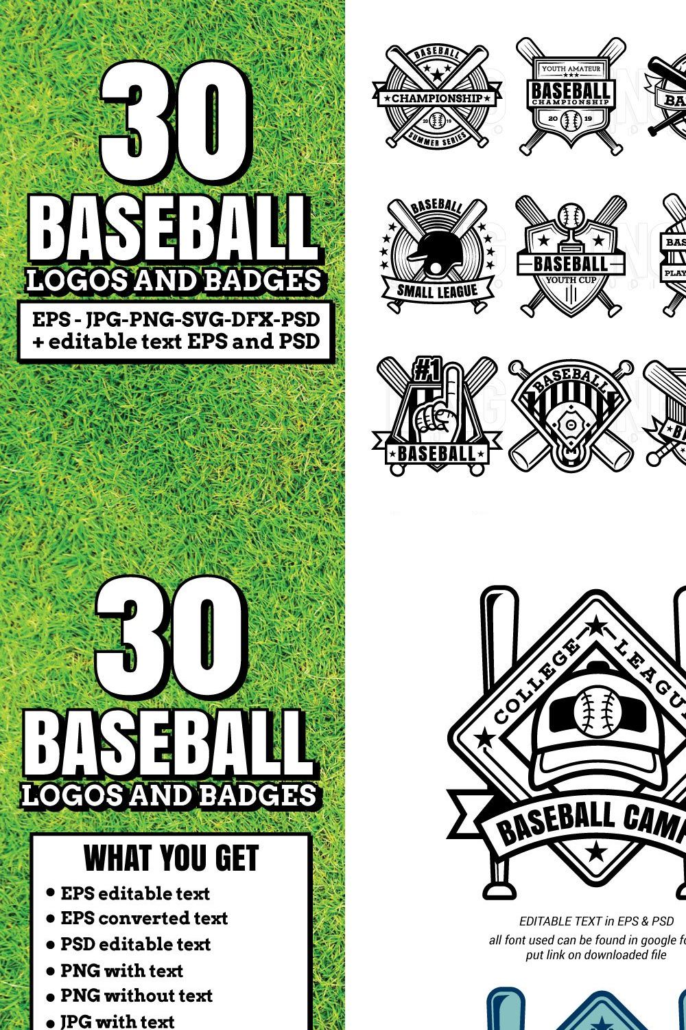 30 Baseball logos and badges pinterest preview image.