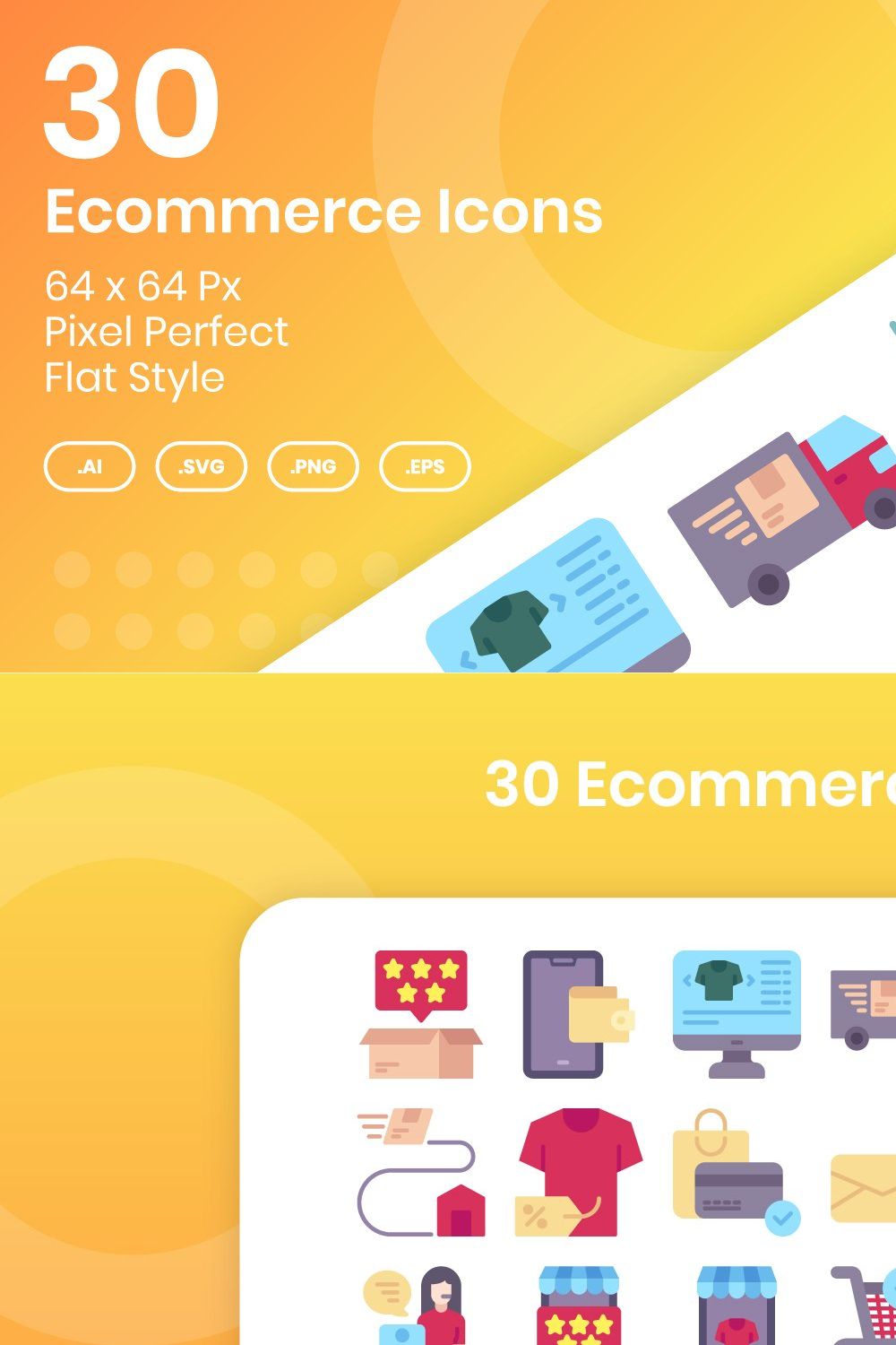 30 Ecommerce Icons Set - Flat pinterest preview image.