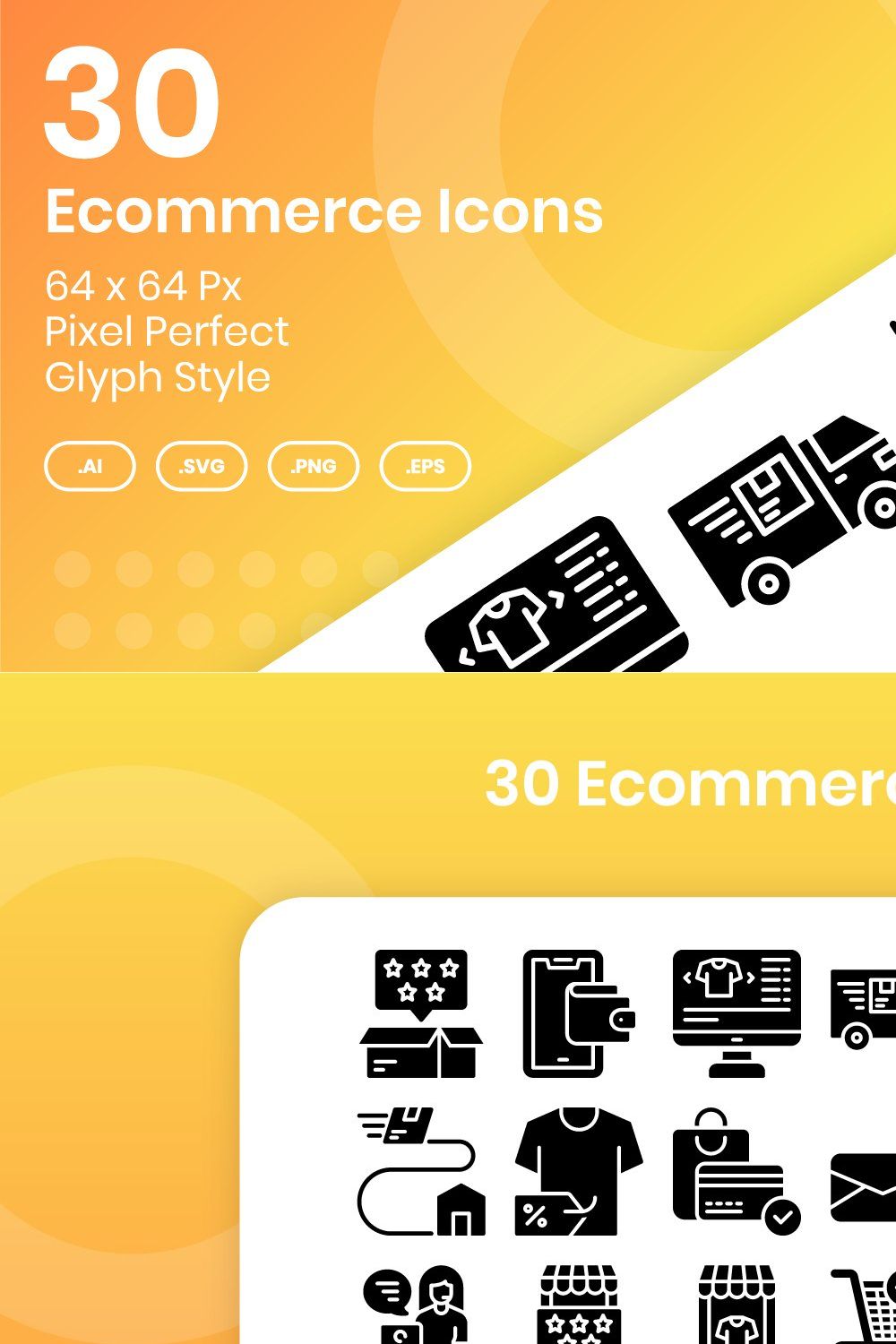 30 Ecommerce Icons Set - Glyph pinterest preview image.