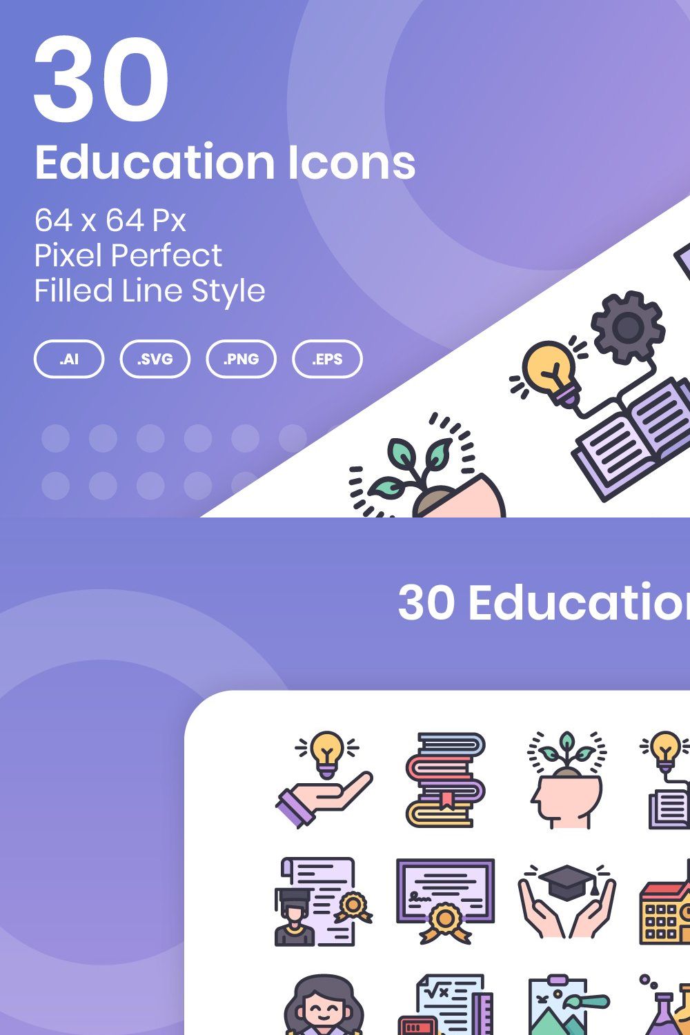 30 Education Icons - Filled Line pinterest preview image.