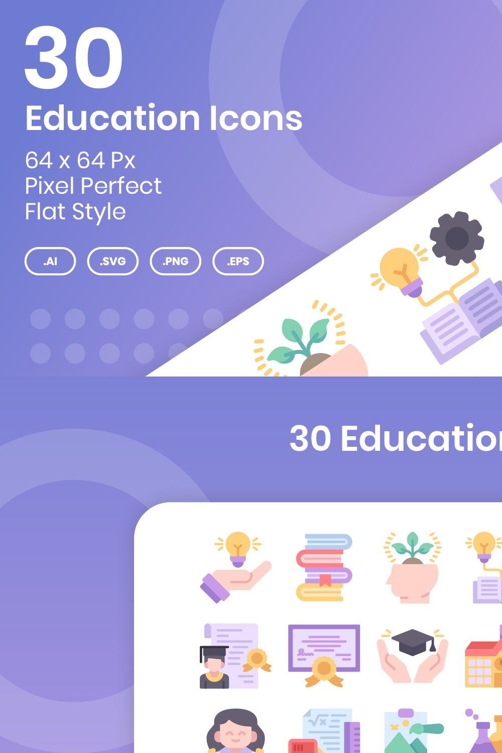 30 Education Icons - Flat pinterest preview image.