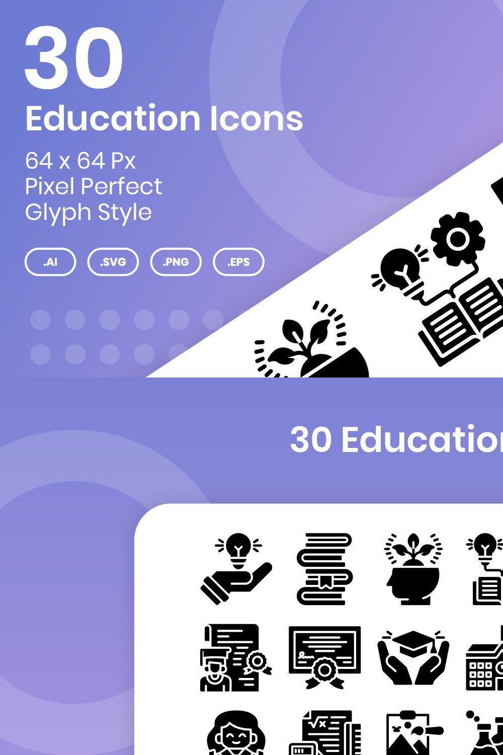 30 Education Icons - Glyph pinterest preview image.