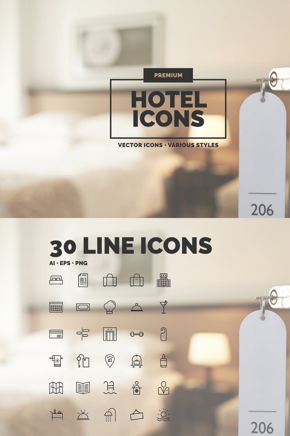 30 Hotel Icons in 3 styles pinterest preview image.
