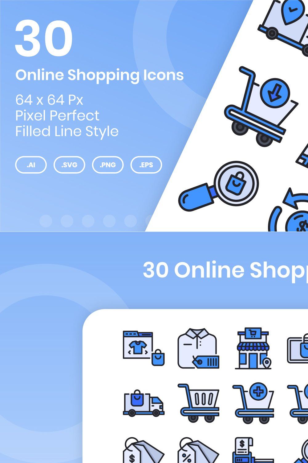 30 Online Shopping Icons Filled Line pinterest preview image.