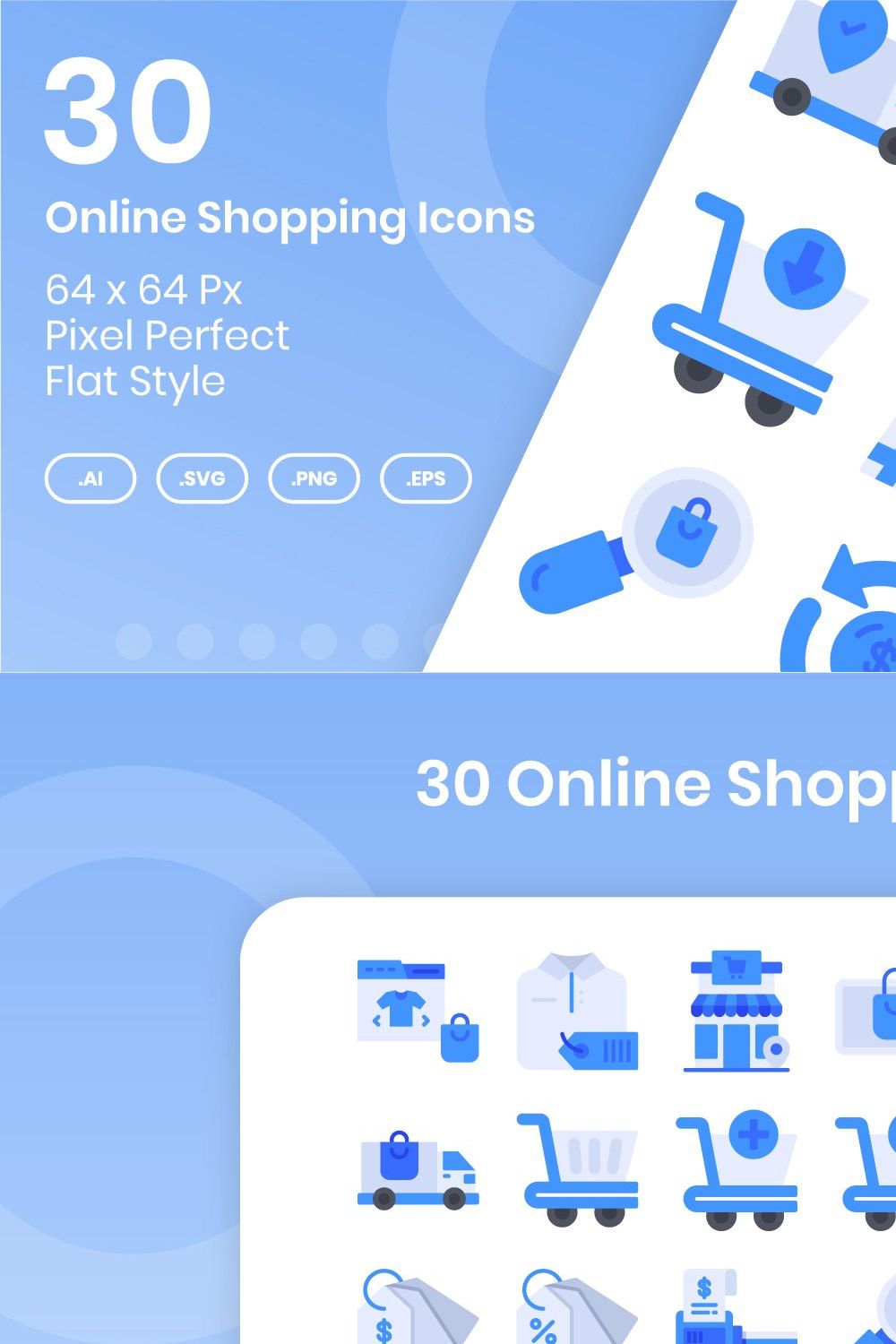 30 Online Shopping Icons Set - Flat pinterest preview image.