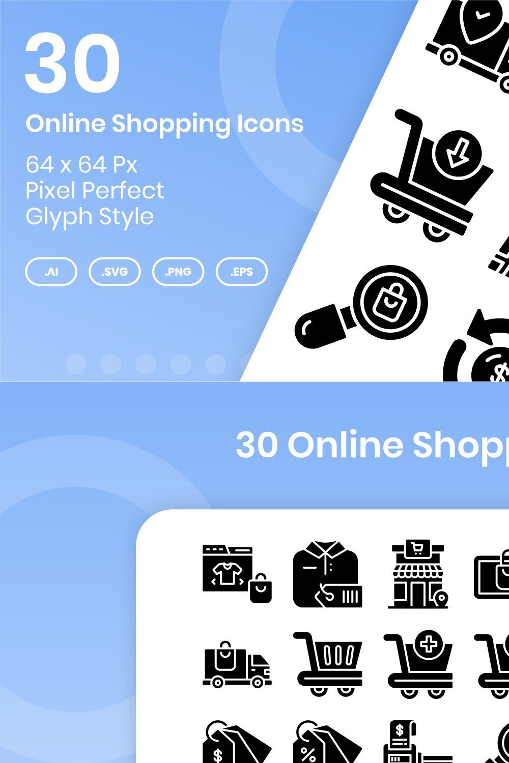 30 Online Shopping Icons Set - Glyph pinterest preview image.