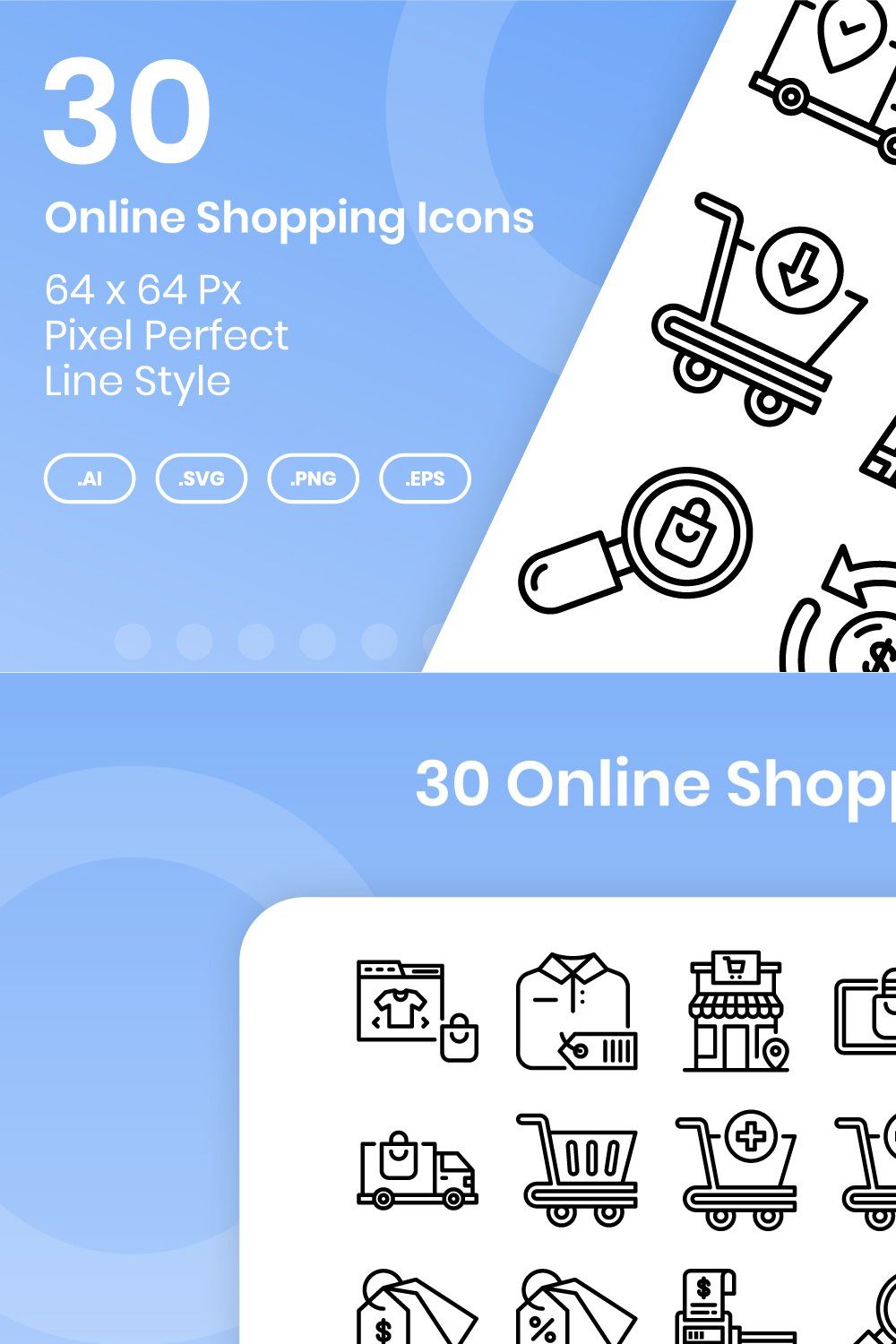30 Online Shopping Icons Set - Line pinterest preview image.