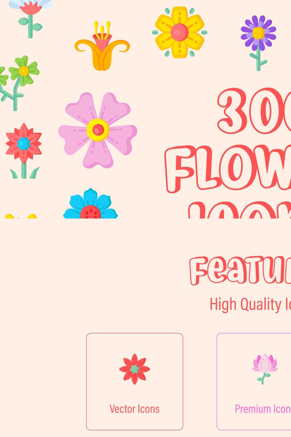 300 Flat Flower Icons pinterest preview image.