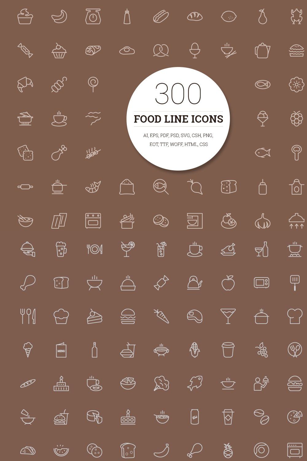 300 Food Line Icons pinterest preview image.