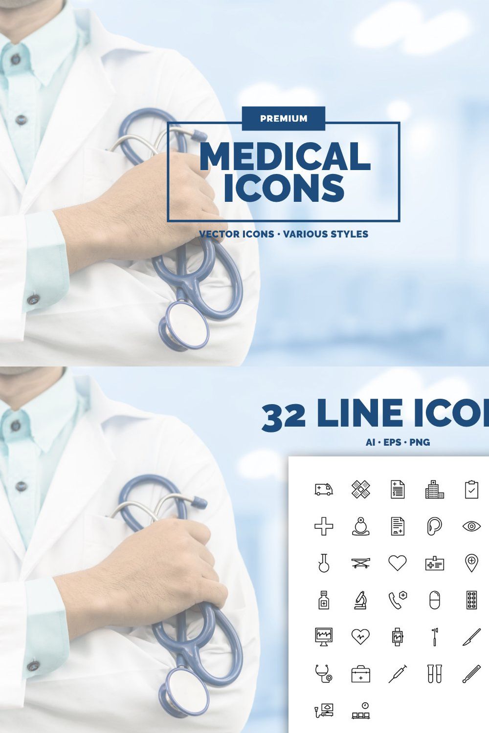 32 Medical Icons in 3 styles pinterest preview image.