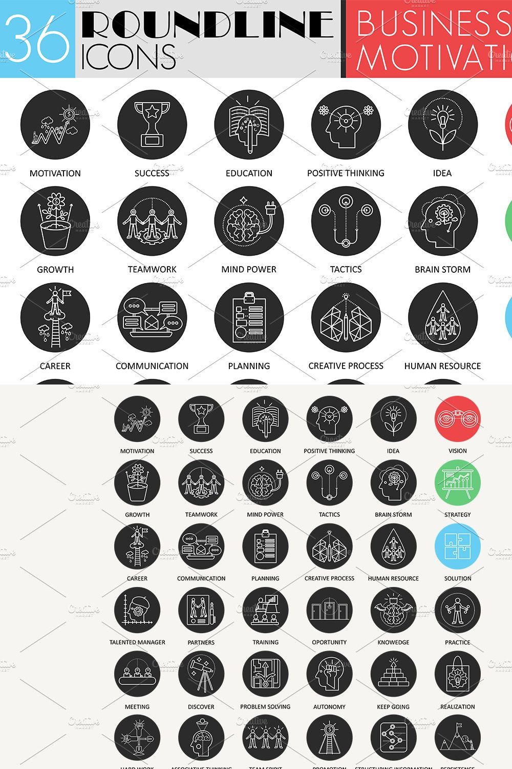 36 Business motivation icons pinterest preview image.