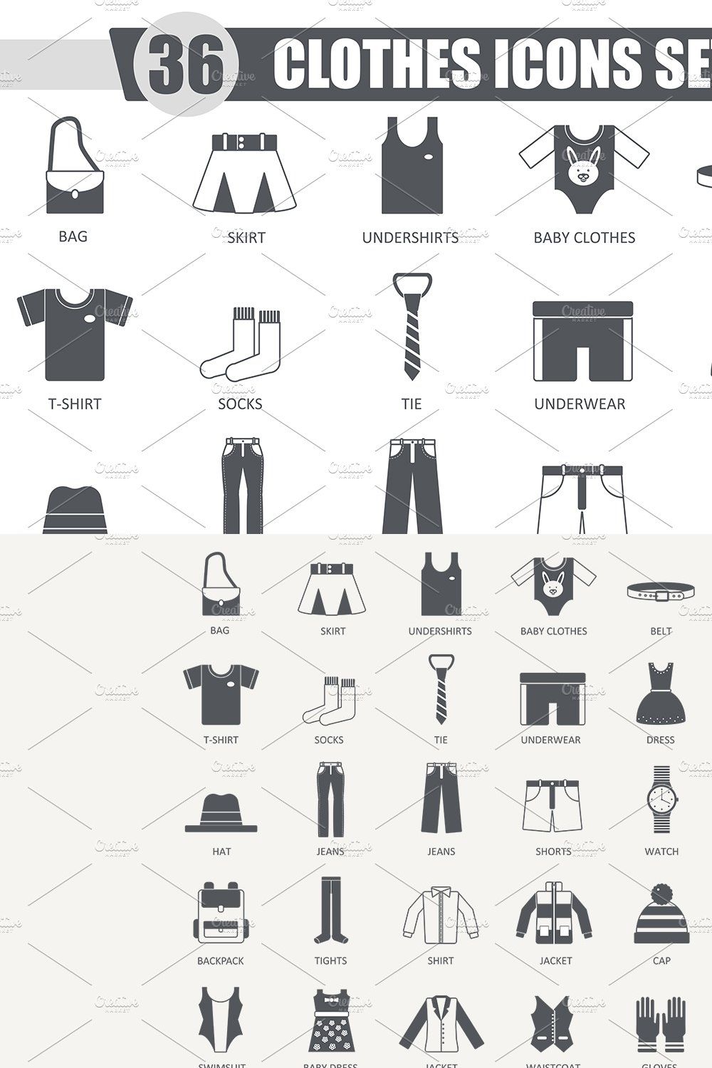 36 Clothes black icons set. pinterest preview image.