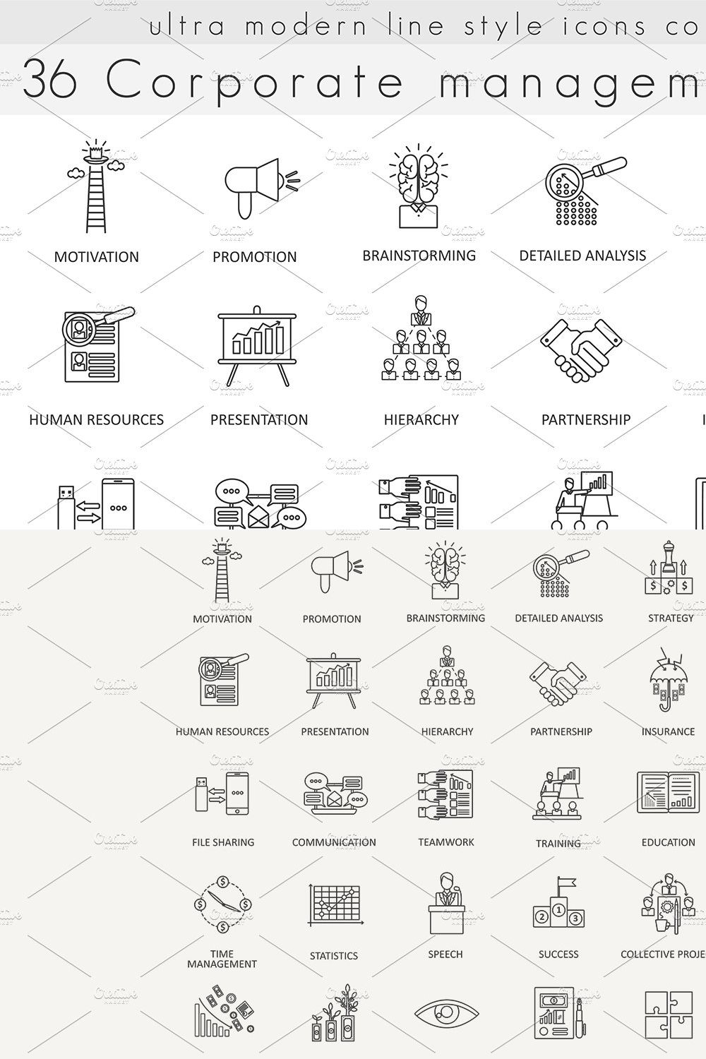 36 Corporate management line icons. pinterest preview image.