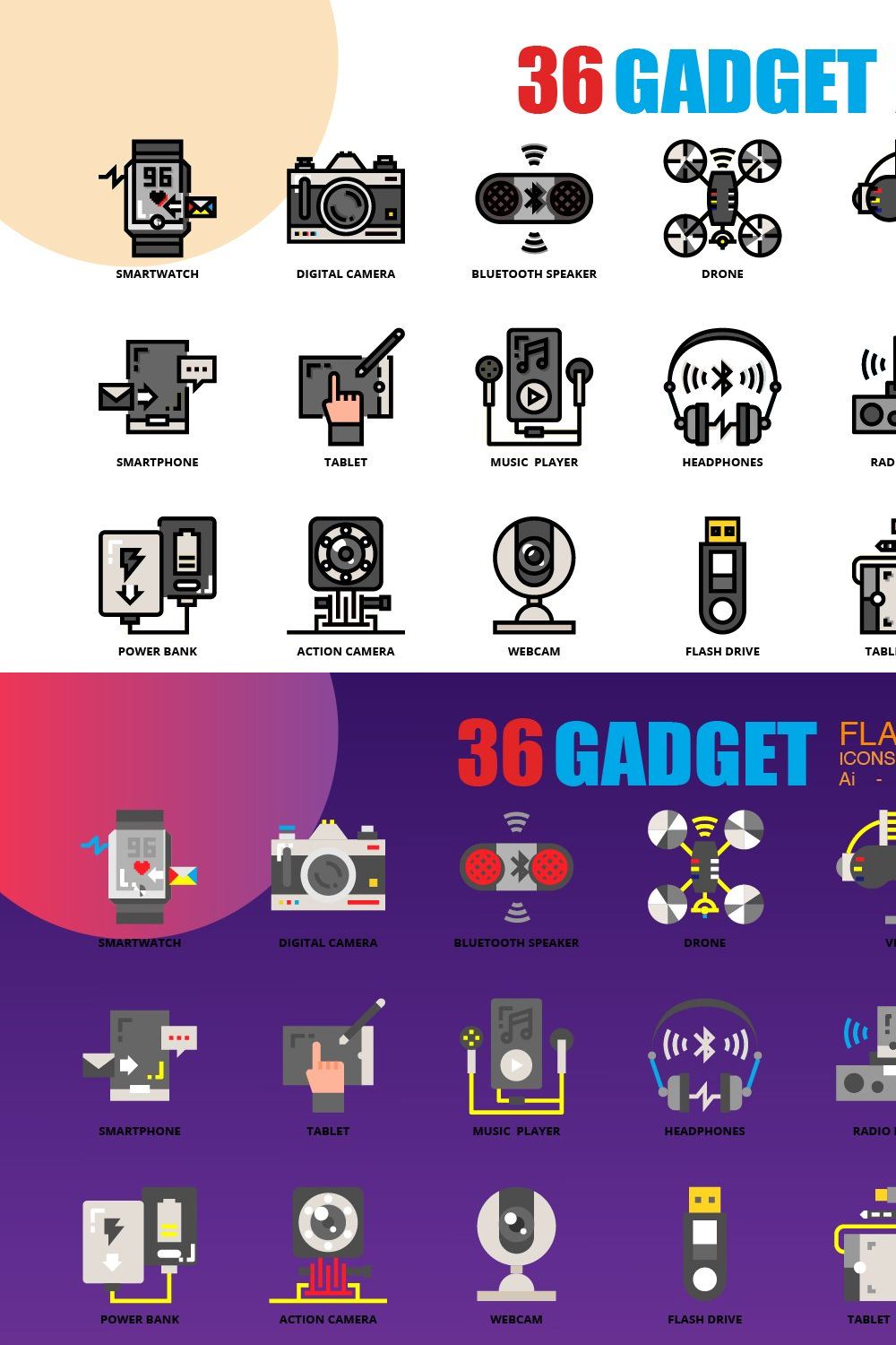 36 Gadget icons set x 3 Style pinterest preview image.